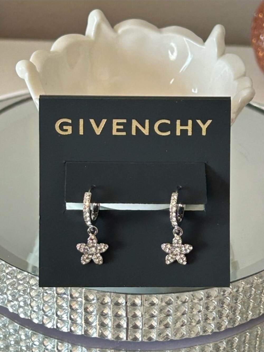 Givenchy Crystal Flower Charm Huggie Hoop Earrings